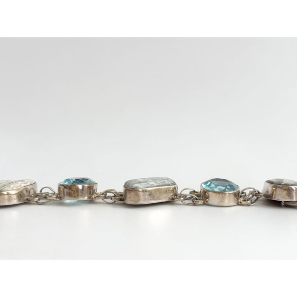 Blue Gemstone & Jasper Chainlink Silver Toned Chunky Vintage Tennis Bracelet - Picture 14 of 14